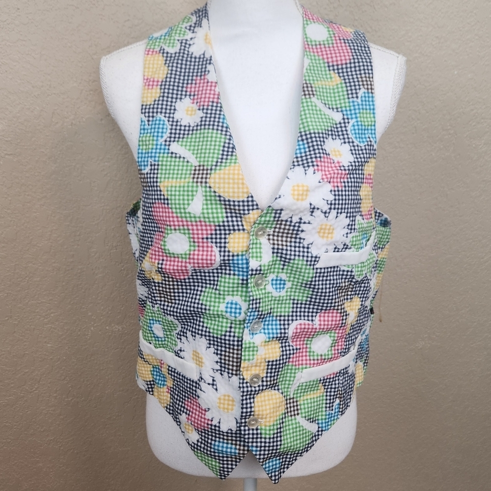 Multicolor Checkerboard Floral Homemade Vest Medium (7625)